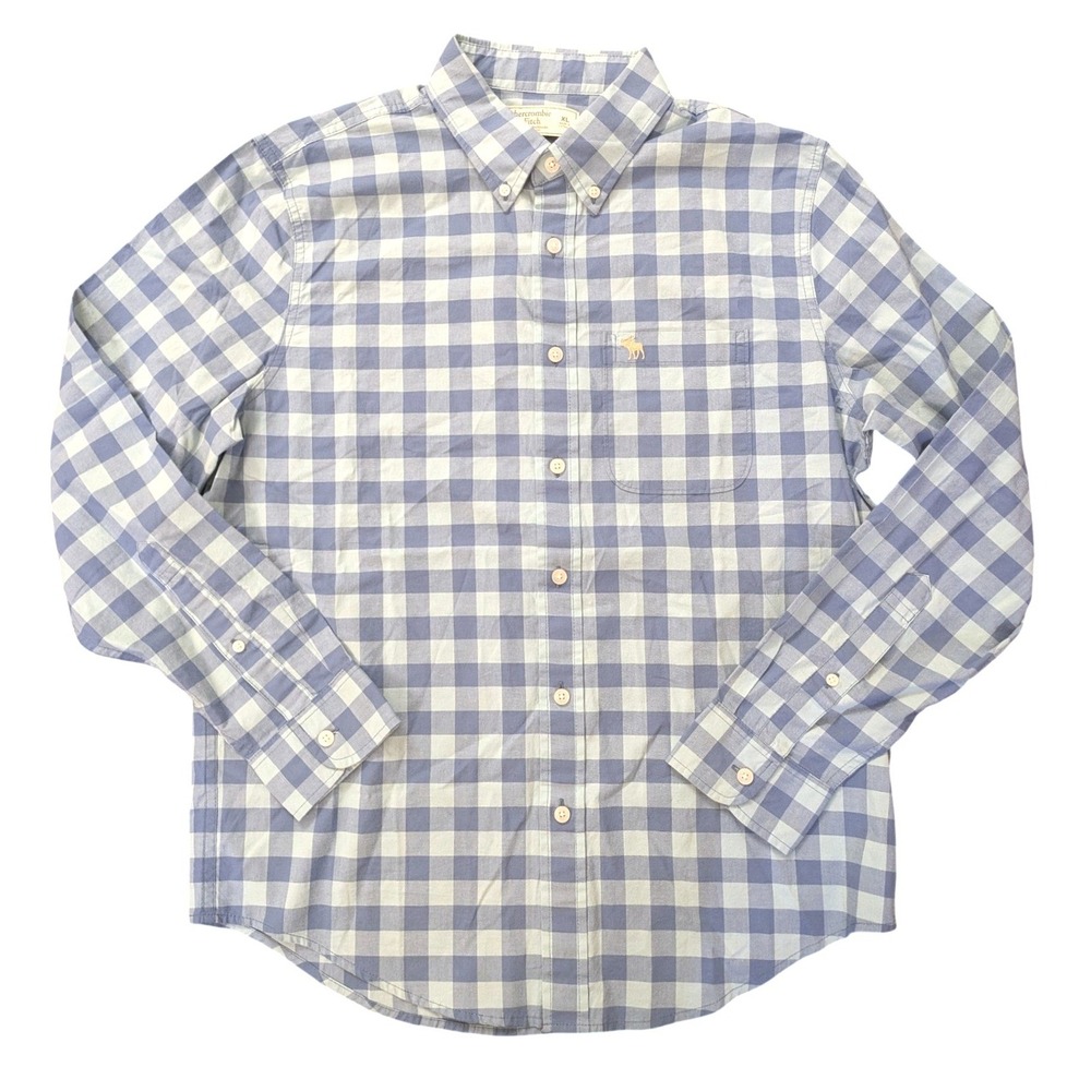 Abercrombie & Fitch Mens XL Blue Green Gingham Check‎ Button Down Shirt Logo